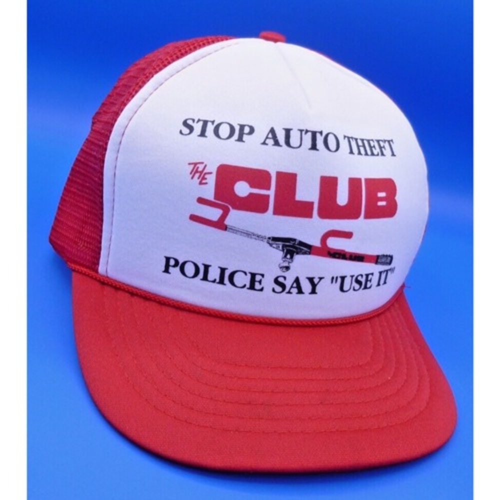 Vintage The Club Stop Auto Theft Mesh Snapback Trucker Hat Cap Red White